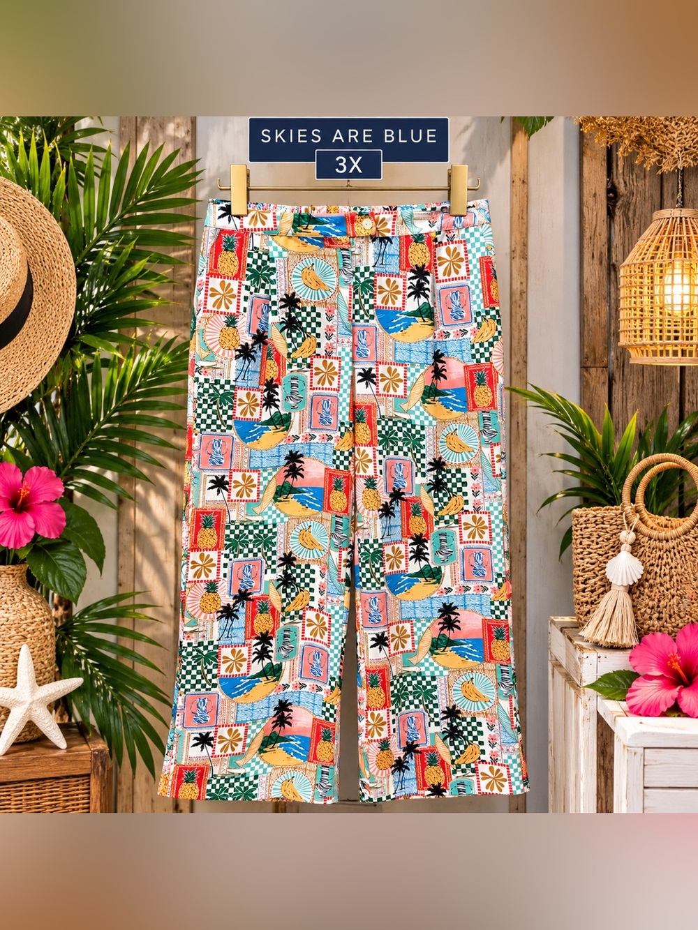Skies Are Blue Tropical Patchwork Wide-Leg Pants – Women’s 3X – NWT Cruise Wear